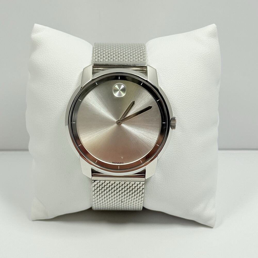 New Movado Bold Silver Sunray Mesh Bracelet 44mm Men's Watch 3600260